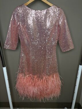 Rose Pink Sequin Mini Dress with Ostrich Feather Hem